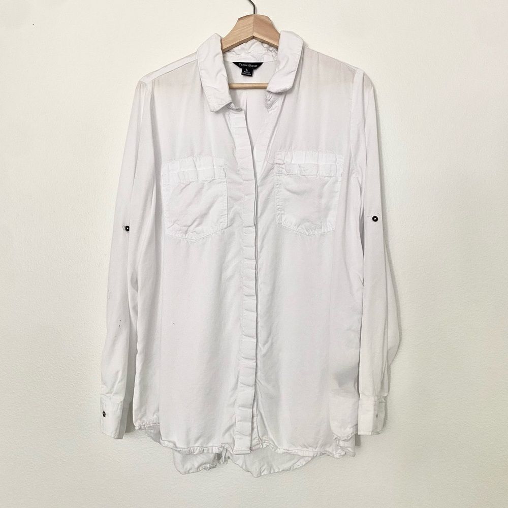 Terre Bleue Sustainable Lyocell White Flowy Casual Button Down LongSleeved Shirt